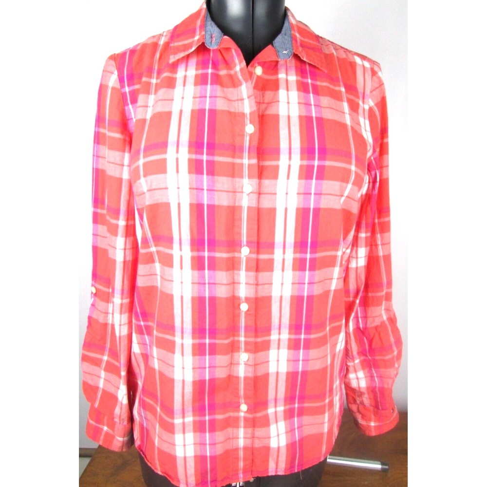Tommy Hilfiger Women Long Roll Tab‎ Blouse Shirt Top Plaid Button Up M